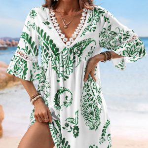 Green Paisley V-Neck Mini Dress