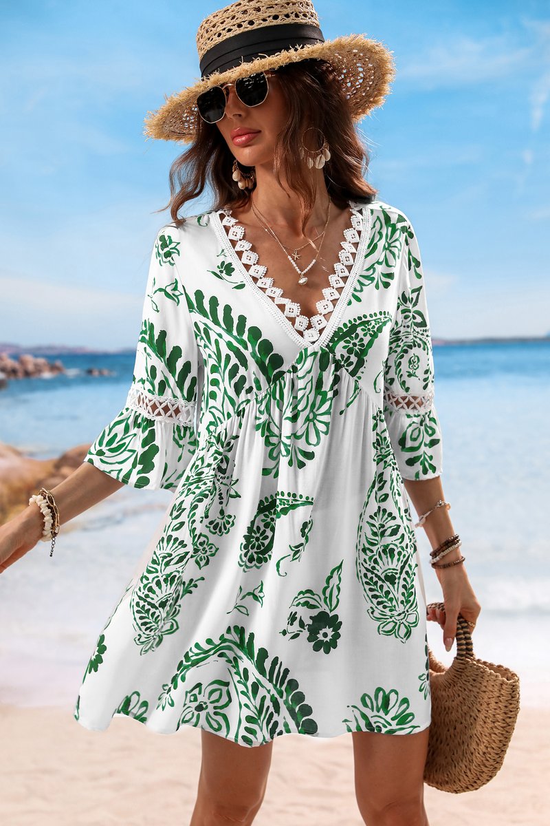 Green Paisley V-Neck Mini Dress - Image 3