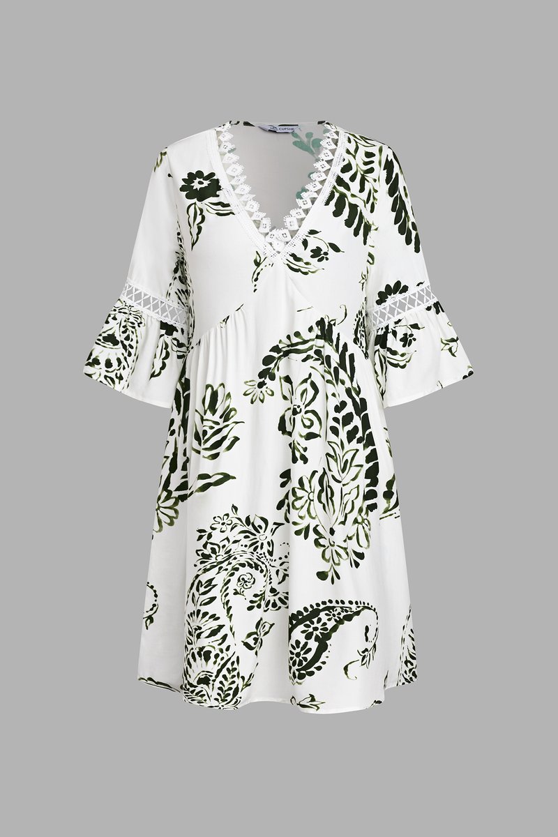 Green Paisley V-Neck Mini Dress - Image 4