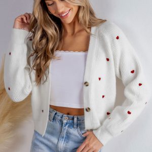 Heart Print Long Sleeve V-Neck Cardigan