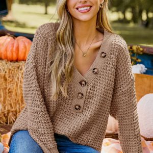 Light Brown V-Neck Long Sleeve Henley Sweater